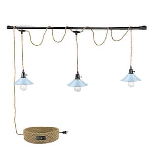 3-Light Blue Hanging Pendant Light with Metal Dome Shade 29 ft. Twisted Hemp Rope Switch