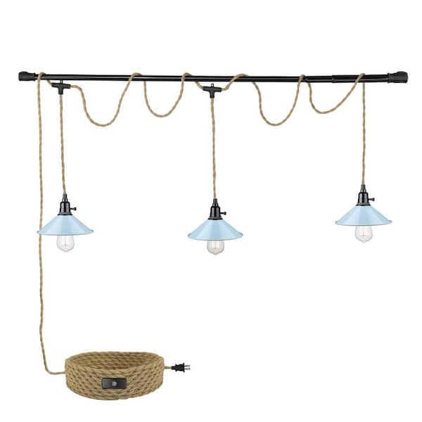 JAZAVA 3-Light Blue Hanging Pendant Light with Metal Dome Shade 29 ft. Twisted Hemp Rope Switch