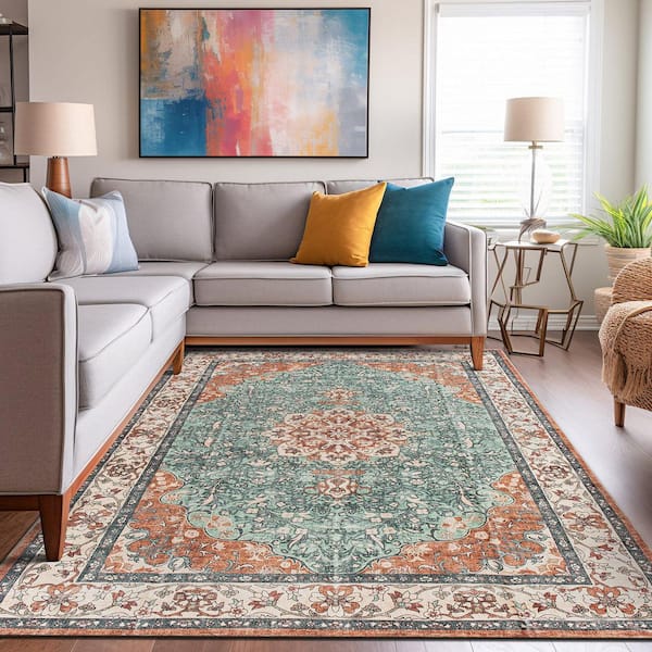 Traditional Oriental Medallion Washable Non Slip Multi 5 ft. x 7 ft. Area Rug