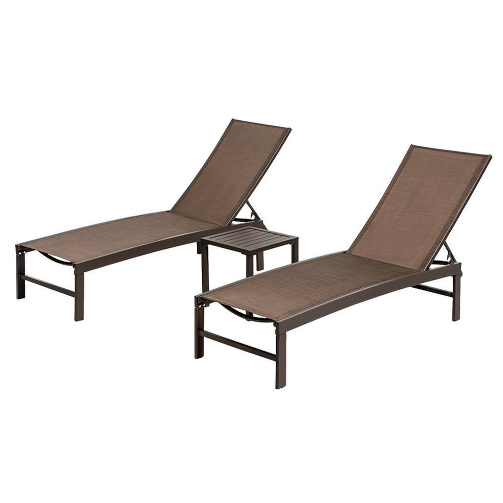 Ergonomic Outdoor Aluminum Lounge Set with Adjustable Chairs & Side Table - Brown
