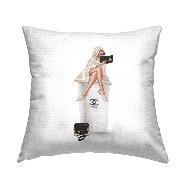 Stupell Industries Morning Coffee Trendy Glam Woman Sitting Beige Square Outdoor Throw Pillow