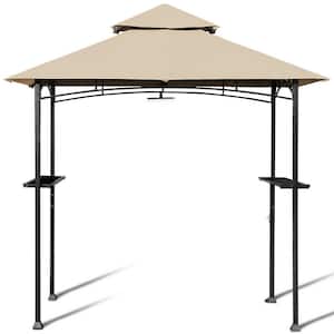 8 ft. x 5 ft. Outdoor Patio Barbecue Grill Gazebo with LED Lights 2-Tier Canopy Top Tan