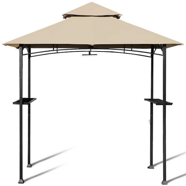 8 ft. x 5 ft. Outdoor Patio Barbecue Grill Gazebo with LED Lights 2-Tier Canopy Top Tan