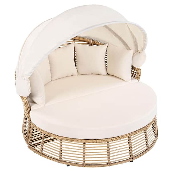 HomeAura Wicker Outdoor Round Day Bed with Beige Removable Cushions and Retractable Canopy