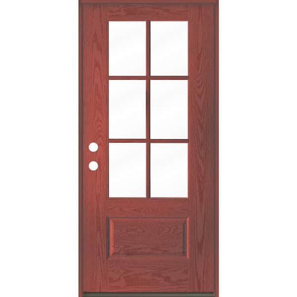 Krosswood Doors 36 in. x 80 in. Craftsman 6 Lite Clear Glass Right-Hand/inswing Red RW Stain Woodlook Fiberglass Prehung Front Door
