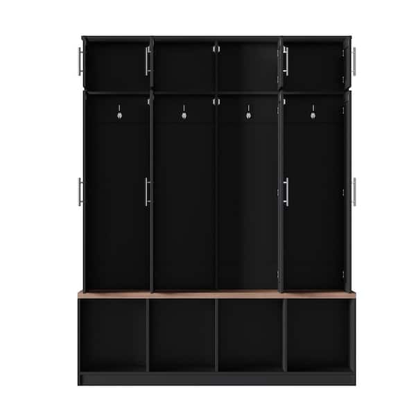 Nestfair Black 8-door Hall Tree with Walnut Seating Bench, Shoe Cabinet and 4 Hidden Hanging Hooks HTOT2882B