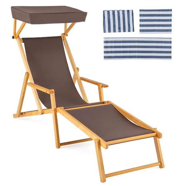 Costway Brown Birch Wood Outdoor Chaise Lounge Chair with Adjustable Canopy Reclining Backrest and Footrest