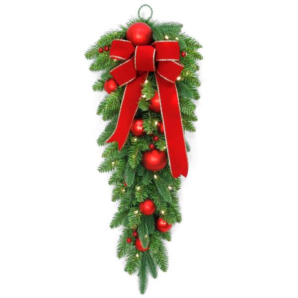 National Tree Company 32 in. Battery Operated Mixed Fir Artificial Teardrop with 50 Clear LED Lights