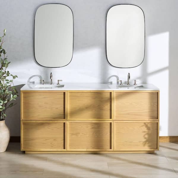 Zeus 72 in. Double Sink Natural Bath Vanity with White Marble Top