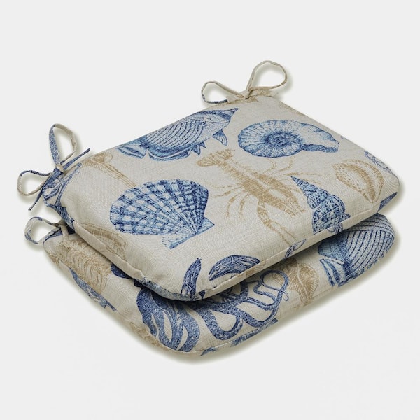 Pillow Perfect Tropical 18.5 in. x 15.5 in. Outdoor Dining Chair Cushion in Blue/Tan (Set of 2)