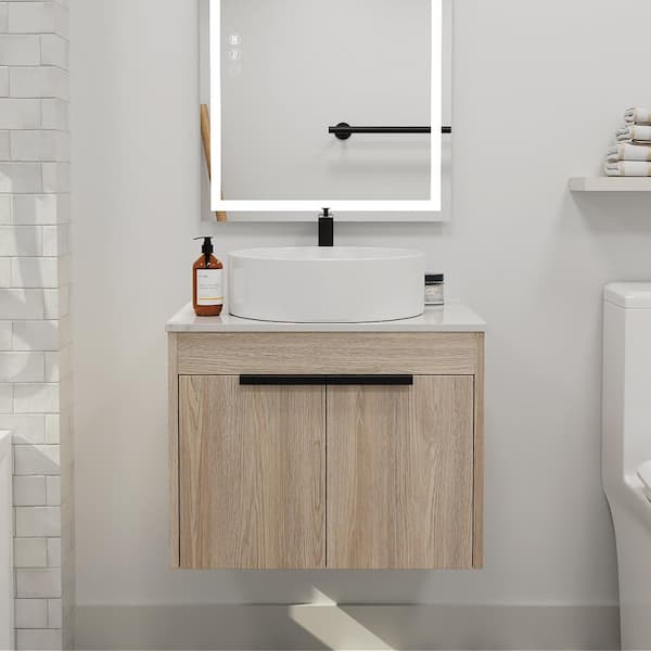 24 in. W x 19 in. D x 24 in. H Floating Bath Vanity in White Oak with Porcelain Vanity Top in White with Single Sink