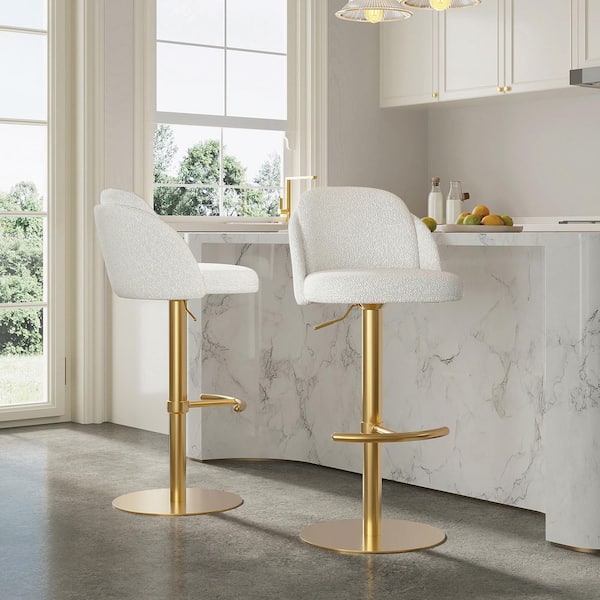 Ezra Pearl/Gold Fabric Gas Lift Adjustable Swivel Counter Stool with Ergonomic Back for Kitchen or Home Bar (Set of 2)