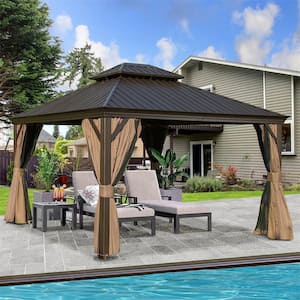 12 ft. x 14 ft. Outdoor Aluminum Frame Patio Gazebo Canopy with Galvanized Steel Hardtop Pavilion, Curtain and Netting