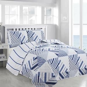3-Piece Blue Reversible Striped Patchwork King Microfiber Quilt Set Bedspread