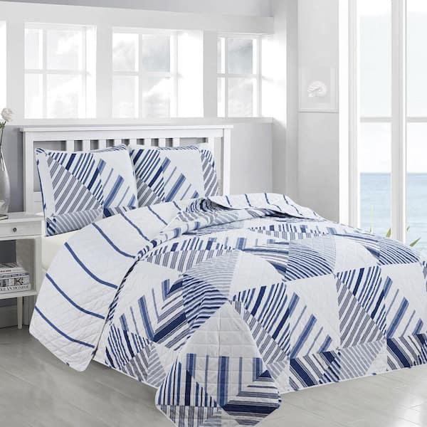 FRESHFOLDS 3-Piece Blue Reversible Striped Patchwork King Microfiber Quilt Set Bedspread