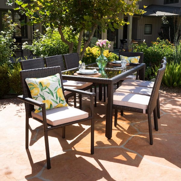 Noble House Multi-Brown 9-Piece Faux Rattan Rectangular Outdoor Dining Set with Textured Beige Cushion