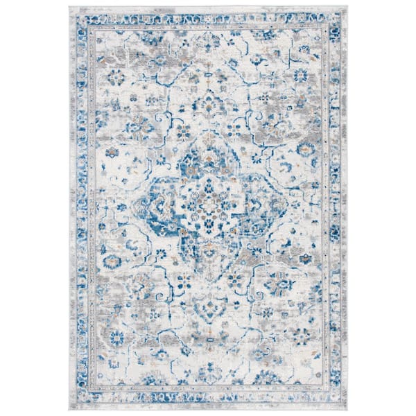 Shivan 4 ft. x 6 ft. Ivory/Blue Distressed Border Medallion Area Rug