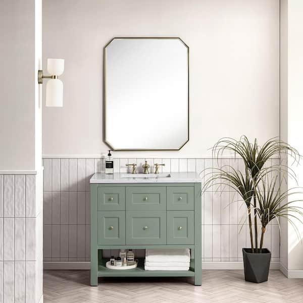 James Martin Vanities Breckenridge 36.0 in. W x 23.5 in. D x 34.2 in . H Bathroom Vanity in Smokey Celadon with Arctic Fall Solid Surface Top