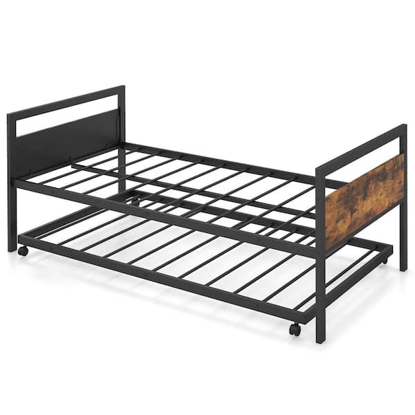 Costway Metal Twin Metal Daybed with Trundle Lockable Wheels