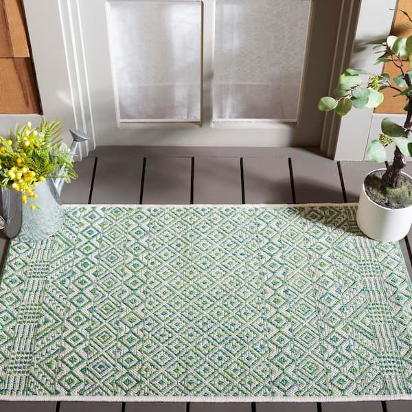 Courtyard Ivory/Green 2 ft. x 4 ft. Geometric Diamond Indoor/Outdoor Area Rug