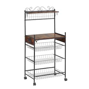 23 in. W Freestanding Removable Kitchen Storage Rack in Brown with Lockable Wheels, 3 Metal Baskets, Outlet