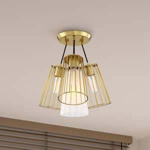 Liana 19 in. 4-Light Brushed Gold Glam Semi Flush Mount with Etched Glass and Wire Cage Shades for Bedrooms