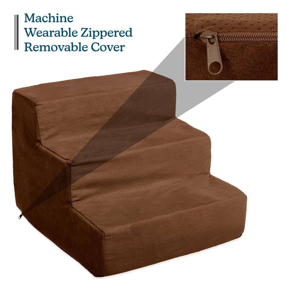 Brown 3-Step High-Density Foam Pet Stairs with Microfiber Cover