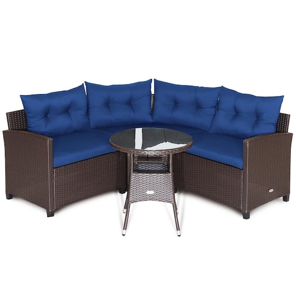 ANGELES HOME 4-Piece PE Rattan Wicker Outdoor Furniture Sectional Set with Glass Table and Navy Cushions