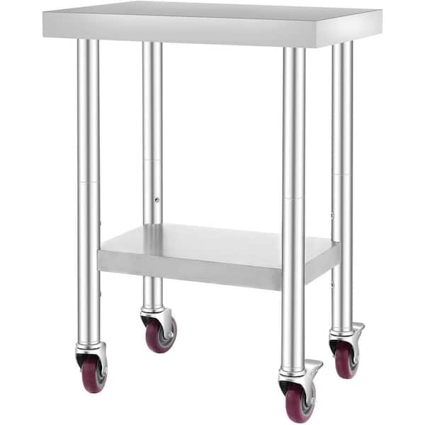 Silver Stainless Steel Rolling Table 24 x 18 x 34 in. Kitchen Prep Table with Wheels and Brake Kitchen Utility Table