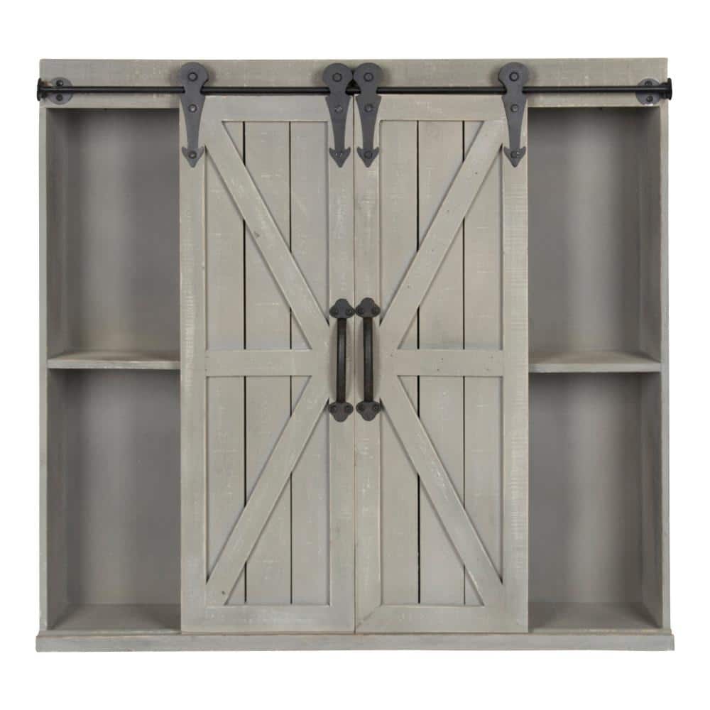 Rustic Gray Wood Wall Storage Cabinet with Sliding Barn Doors