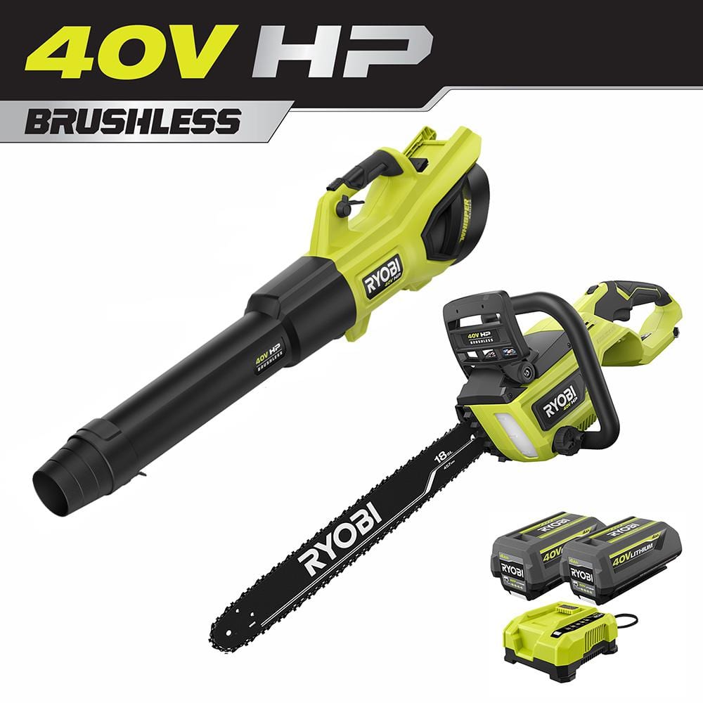 RYOBI 40V HP Brushless Cordless 190 MPH 730 CFM Leaf Blower and 18 in. Brushless Chainsaw w/ (2) 4.0 Ah Batteries and Charger -  RY404100-CSW