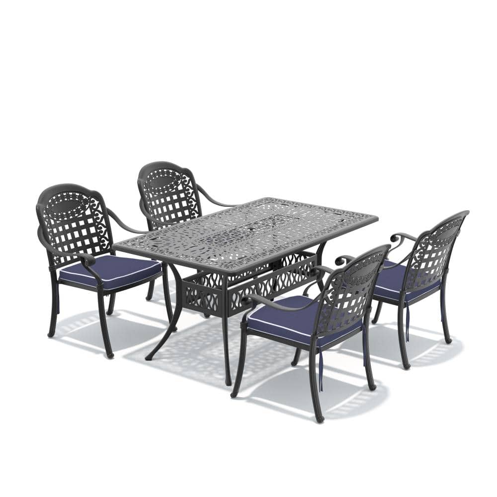 Black 5-Piece Cast aluminum Patio Outdoor Dining Set with Rectangle Table and Cast aluminum Chairs with Blue Cushions price history on PriceWatchPro