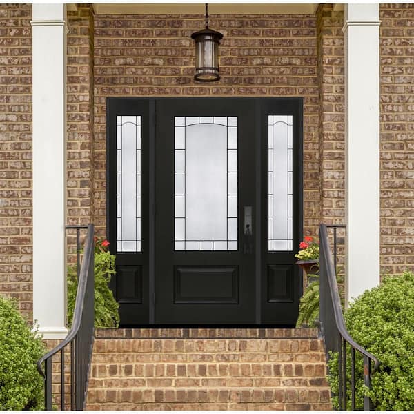 Regency 64 in. x 80 in. 3/4L Empire Decorative Glass LHIS Onyx Mahogany Fiberglass Prehung Front Door w/12in-SLs 4-9/16