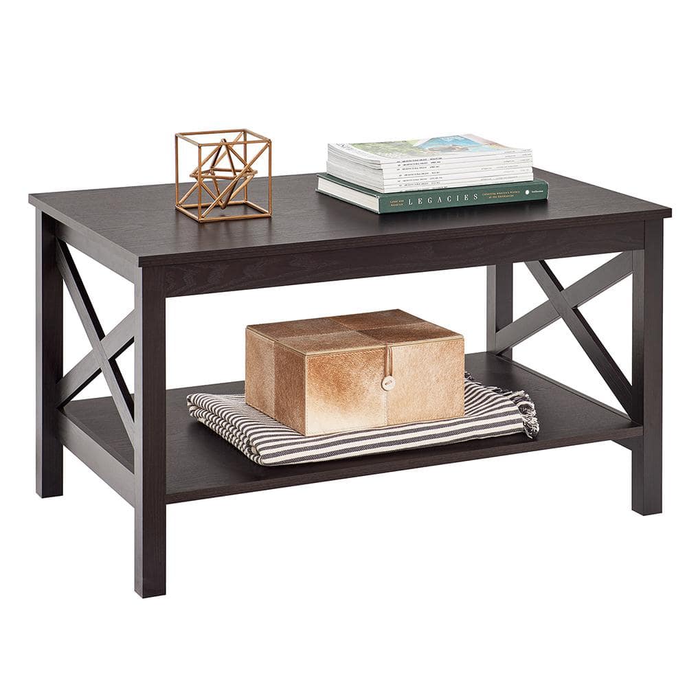 Sleek Black Walnut X-Frame Coffee Table with Storage