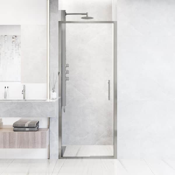 VIGO Astoria 32 in. W x 76 in. H Space Saving Framed Pivot Shower Door in Chrome with Clear Glass