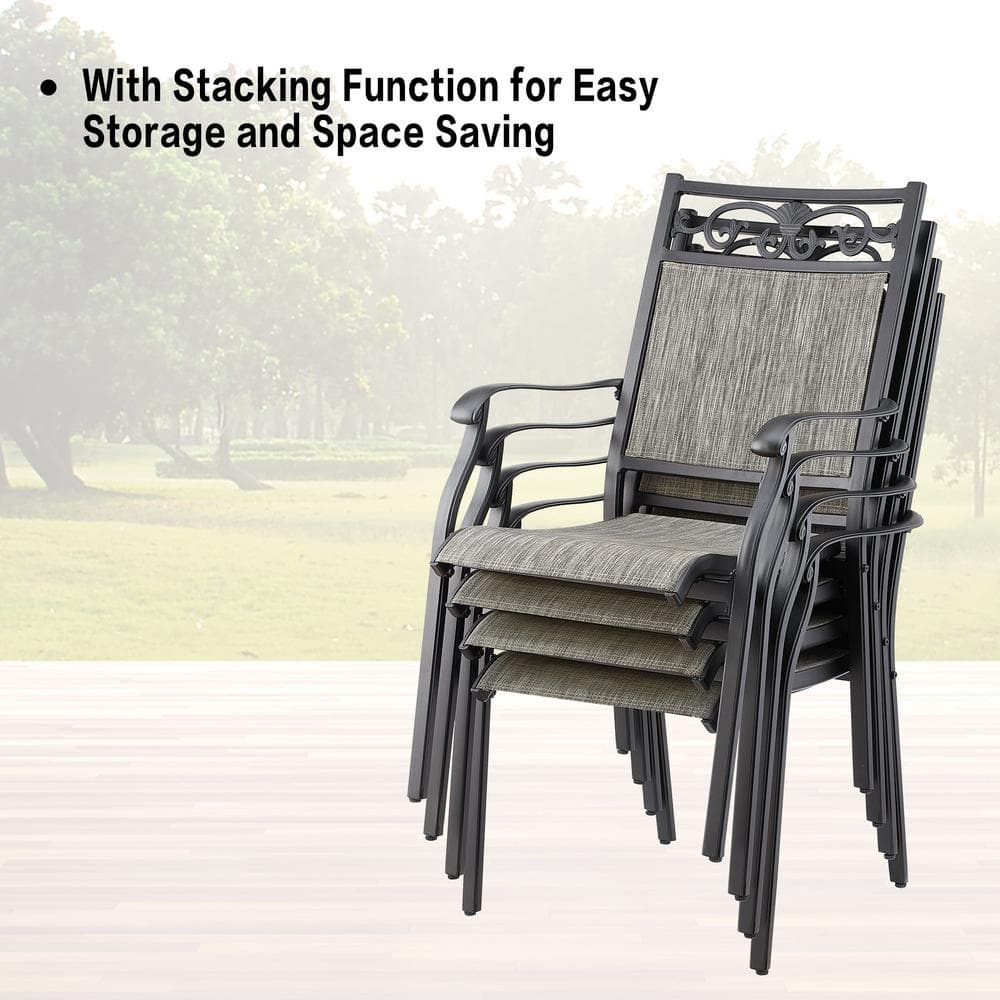 Black and Grey Cast Aluminum Patio Dining Armchairs, Set of 2