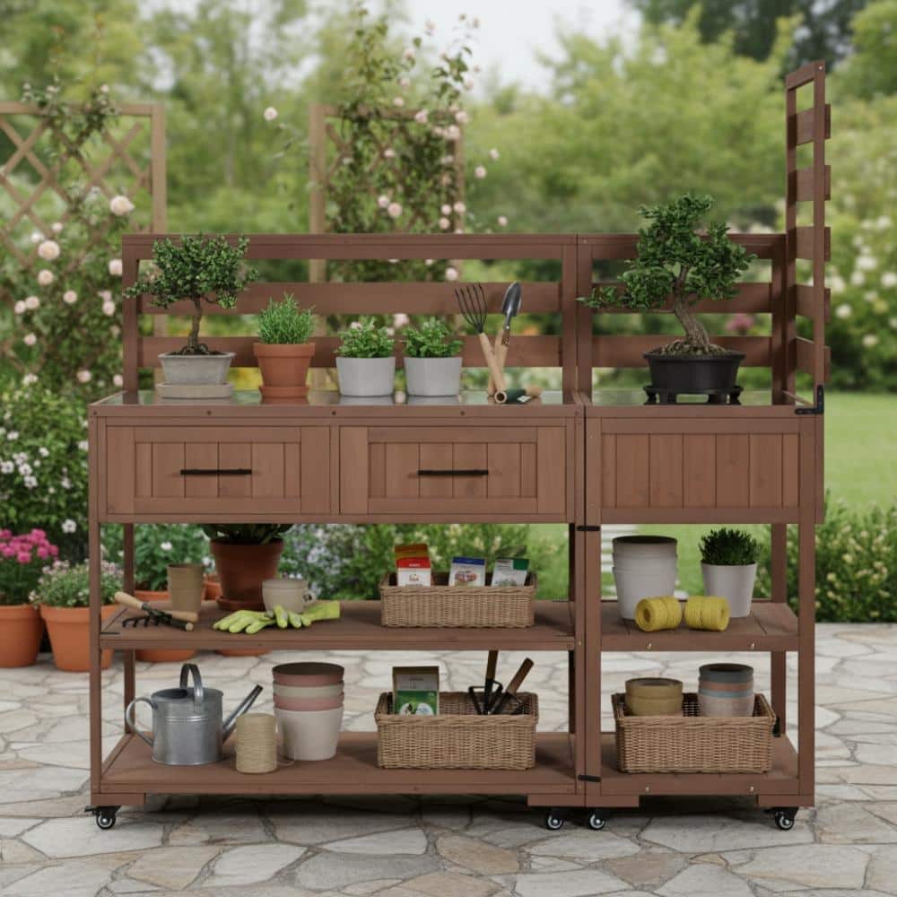 62.3 in. W x 28.6 in. D Brown Wood Potting Bench, Kitchen Island with Stainless Table Top price history on PriceWatchPro