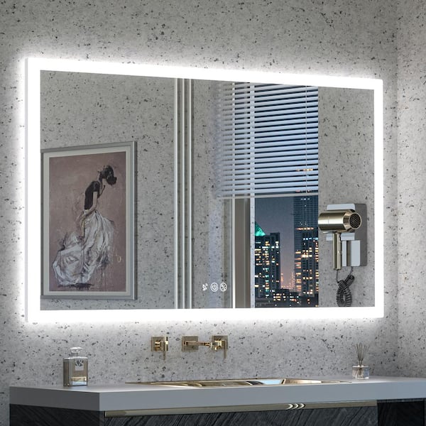 KeonJinn 48 in. W x 30 in. H Large Rectangular Frameless LED Light Anti-Fog Acrylic Sensor Wall Bathroom Vanity Mirror