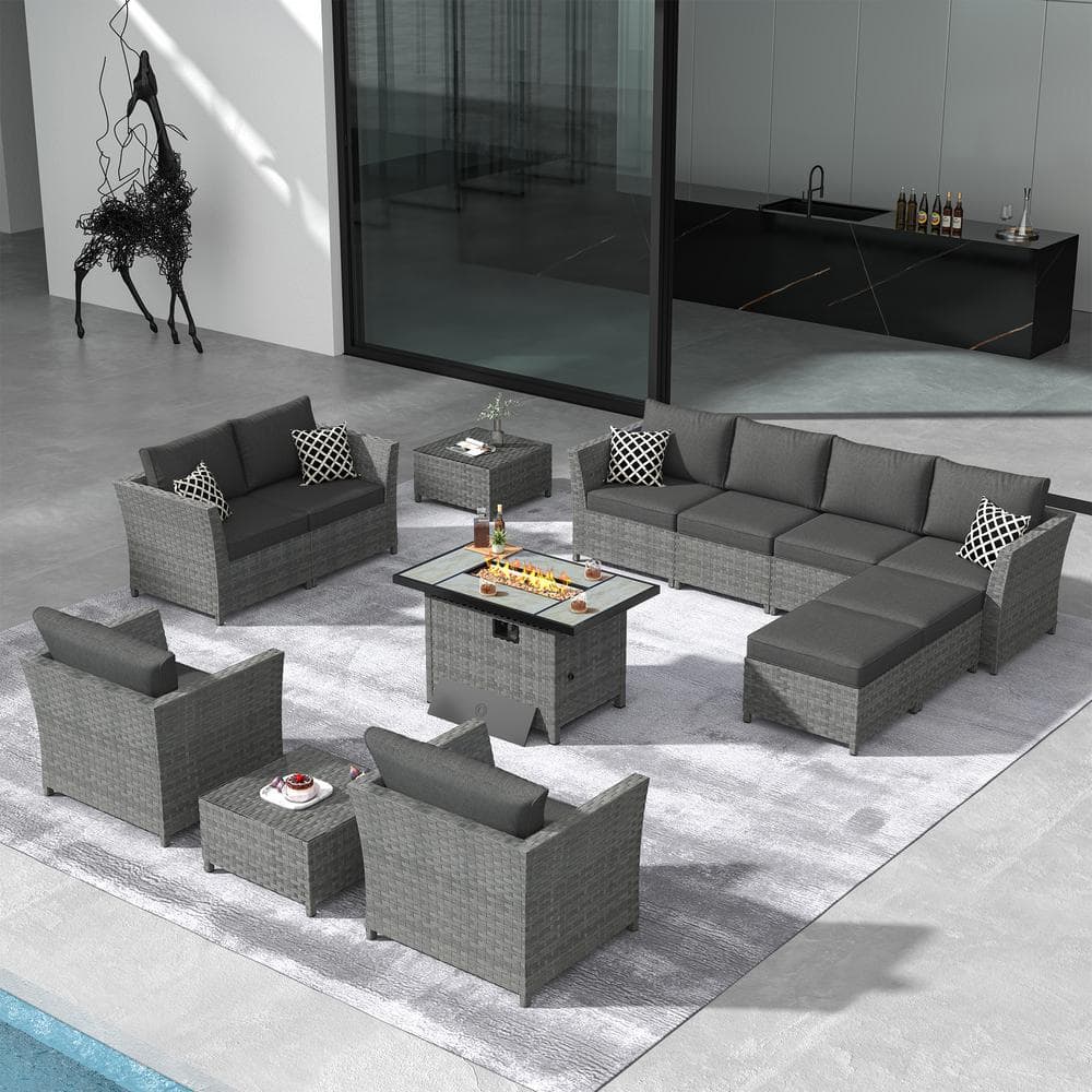Vesta Gray 13-Piece Wicker Outerdoor Patio Rectangular Fire Pit Set with Black Cushions price history on PriceWatchPro