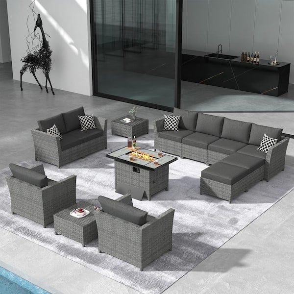 XIZZI Vesta Gray 13-Piece Wicker Outerdoor Patio Rectangular Fire Pit Set with Black Cushions