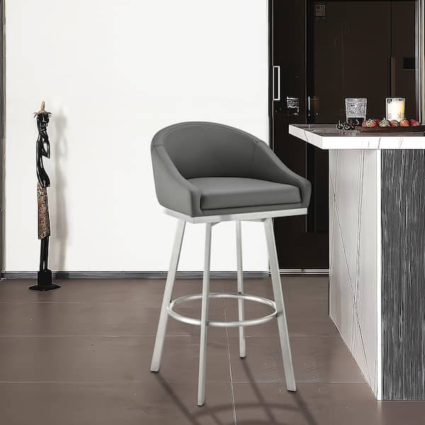 Armen Living Eleanor 26 in. Gray Low Back Metal Counter Stool with Faux Leather Seat
