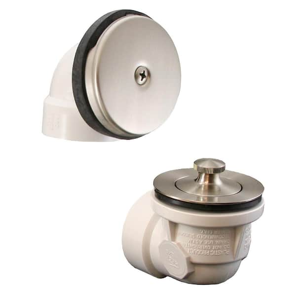 JONES STEPHENS Lift and Turn White Plastic Tubular 1-Hole Bath Waste and Overflow Tub Drain Half Kit, Brushed Nickel