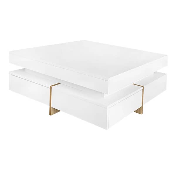 31.5 in. White Square Wood Coffee Table with 4-Drawers and Wood Grain Legs