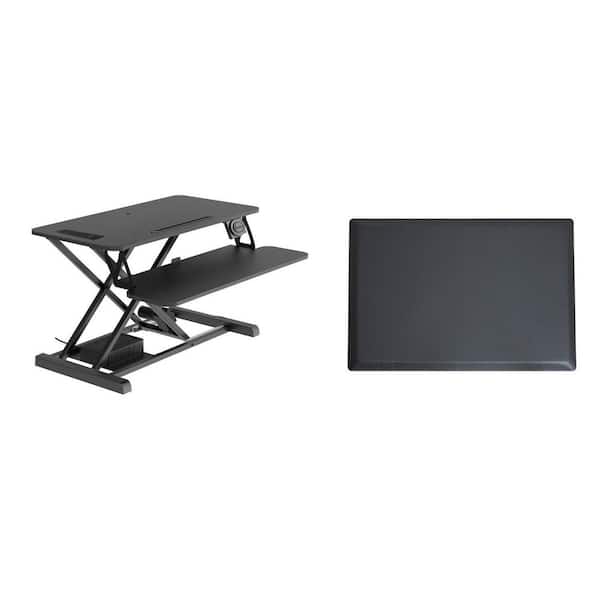37.4 in. W Black Electric Standing Desk Converter with Anti Fatigue Floor Mat, AC USB Charger and Tray Platform