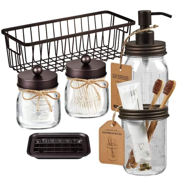 Rustic 6-Piece Bath Accessory Set with Foaming Soap Dispenser, Toothbrush Holder, Jars, Soap Dish, Metal Basket in Brown