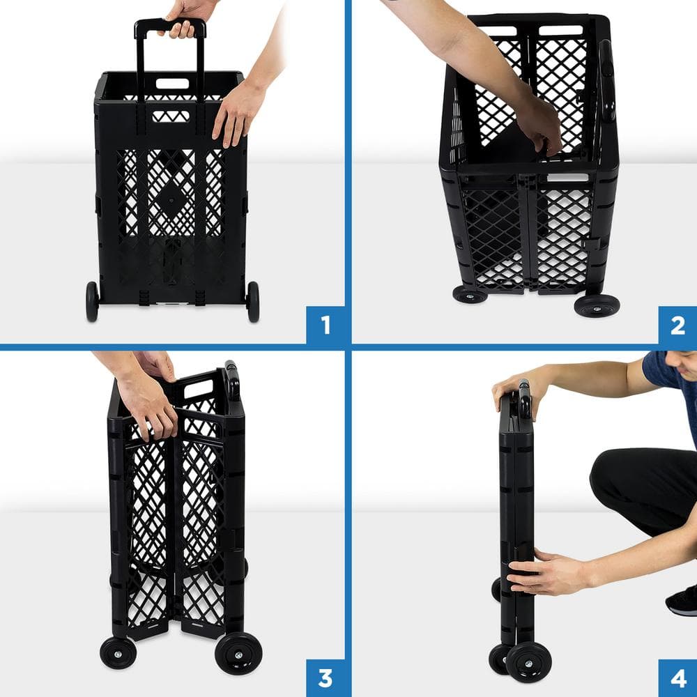 Black Foldable Mesh Utility Cart with Telescopic Handle