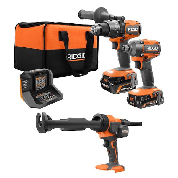 RIDGID 18V Brushless Cordless 2-Tool Combo Kit w/ Hammer Drill, Impact Driver, Batteries, Charger, Bag & 18V Caulk Gun