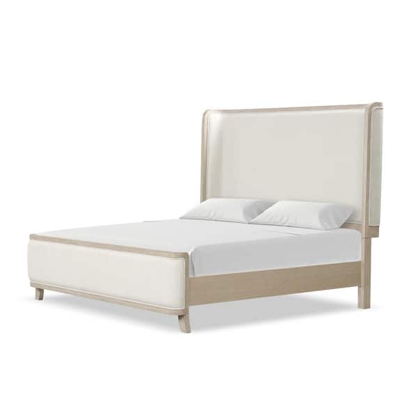 Ellington Farmhouse Natural Oak Wood Frame Queen Panel Bed Tall Upholstered Headboard