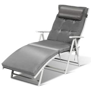 Cushioned Folding Metal Outdoor Chaise Lounge Chair Adjustable Recliner with Gray Cushion