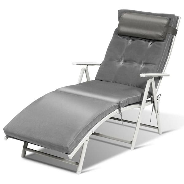 HONEY JOY Cushioned Folding Metal Outdoor Chaise Lounge Chair Adjustable Recliner with Gray Cushion
